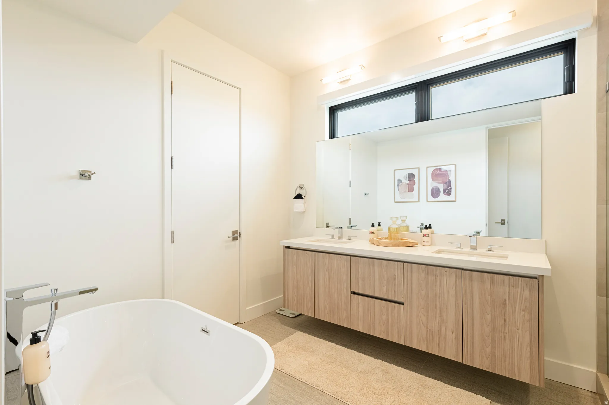 Bathroom with a soaking tub and double vanity
