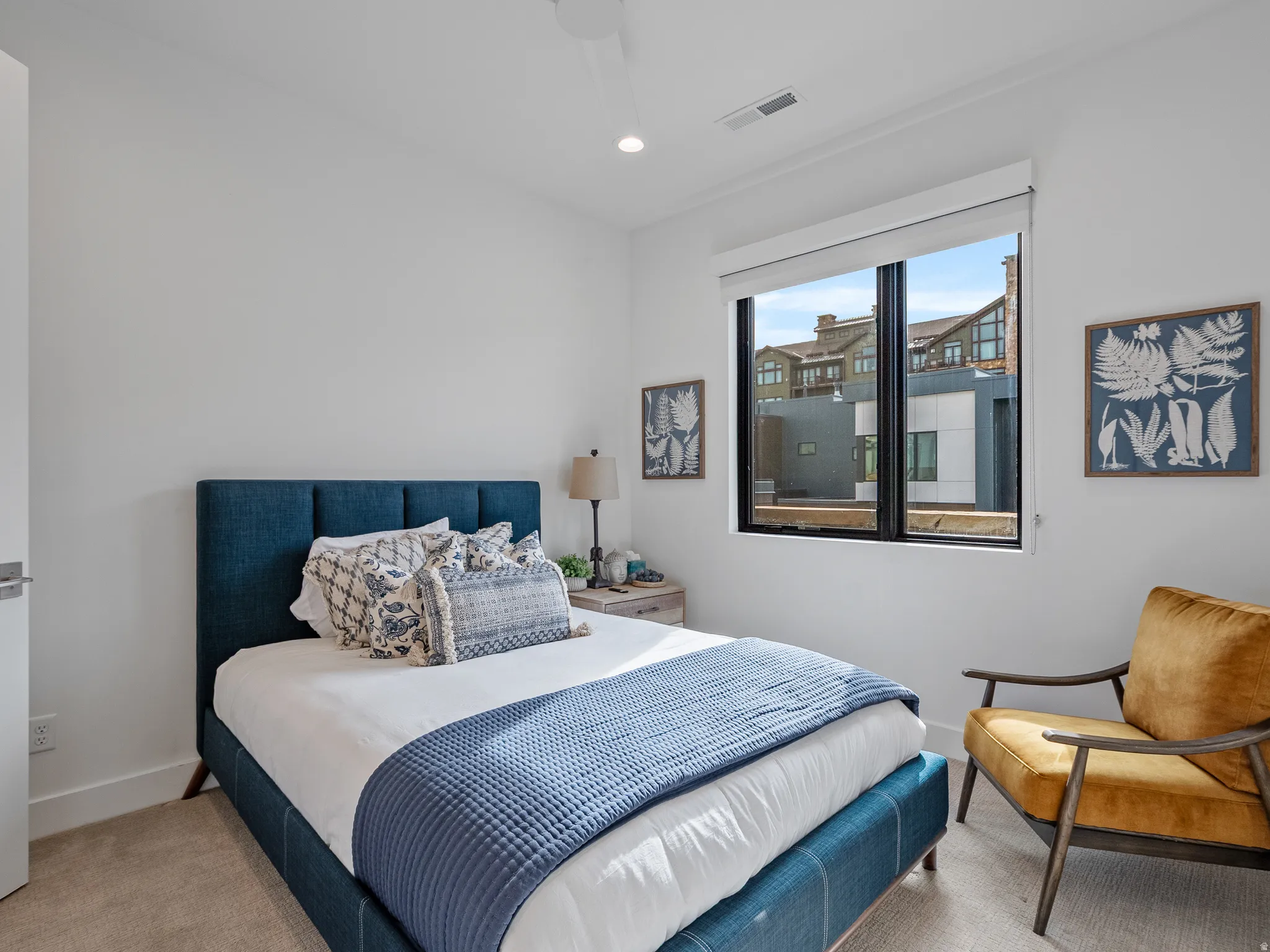 Carpeted bedroom featuring recessed lighting and ceiling fan
