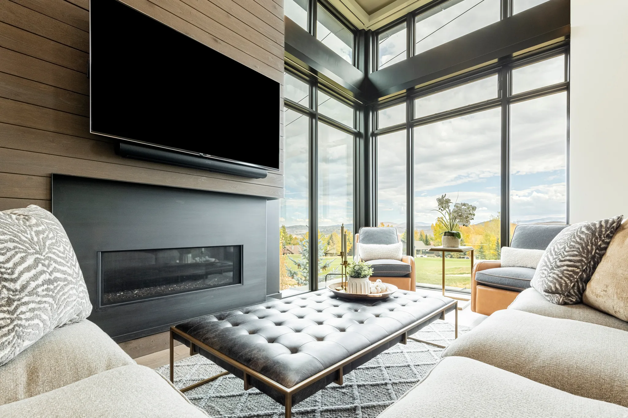 Living room with expansive windows, a fireplace, a high ceiling, wood walls, and wood finished floors