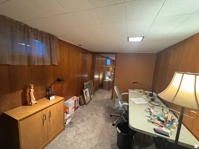Home office featuring wood walls and light colored carpet