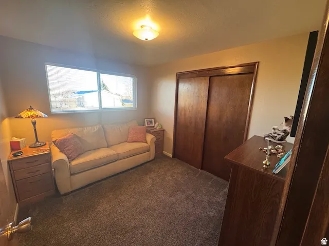Living area with dark carpet and a textured ceiling