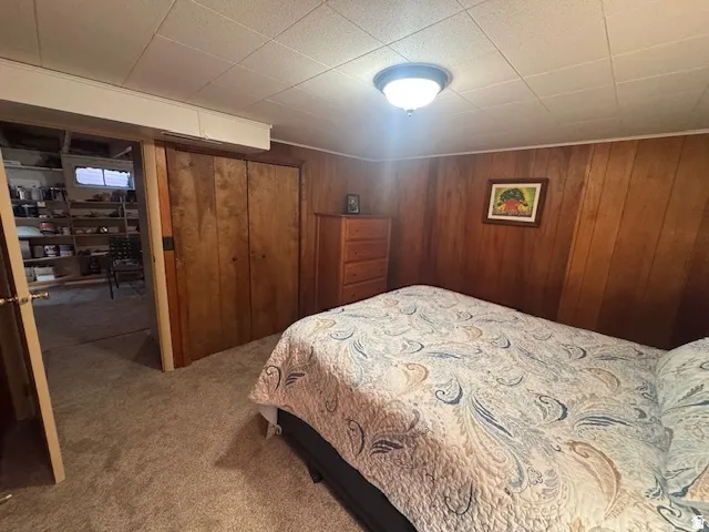 Bedroom with carpet, a closet, and wooden walls