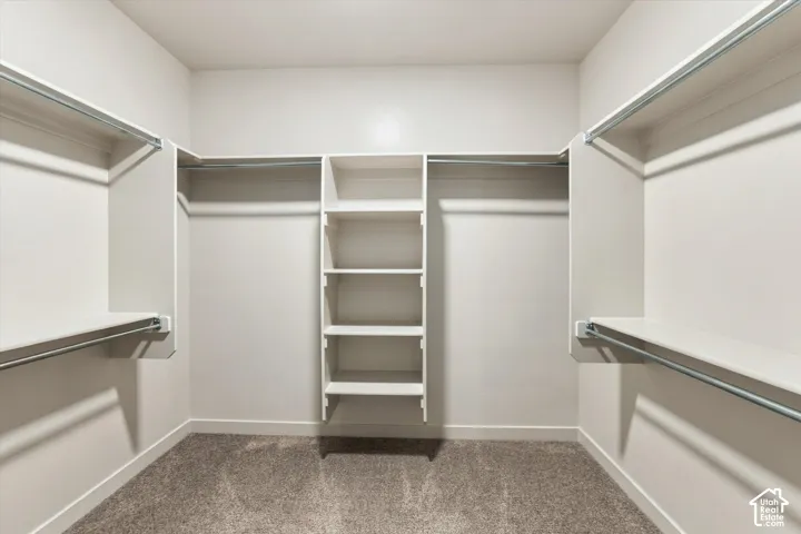 Walk-in closet with carpet flooring, built-in shelving, and multiple clothing rods
