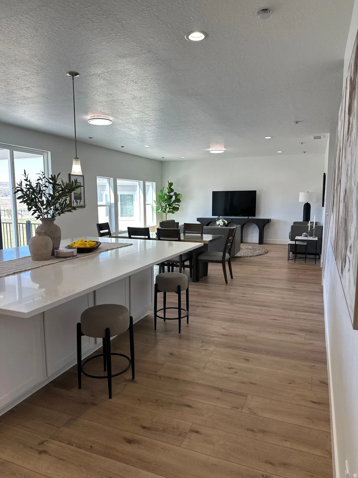 Dining space with light wood finished floors and a textured ceiling