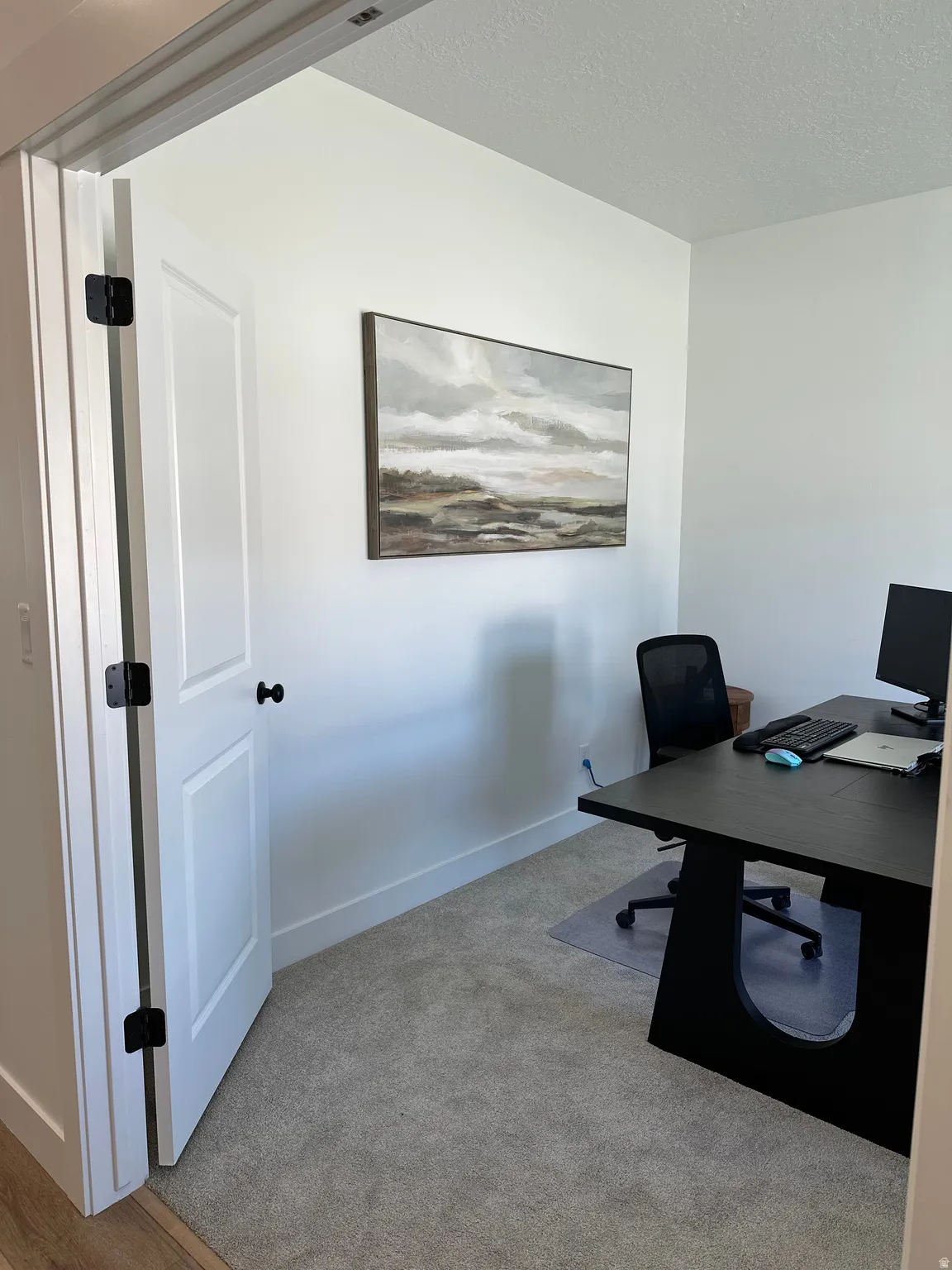 Office area with a textured ceiling and light colored carpet