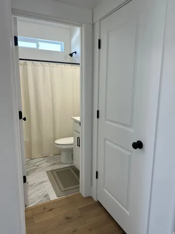 Full bath featuring a shower with curtain, vanity, and light wood-style flooring