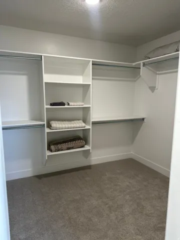 Walk in closet featuring dark carpet