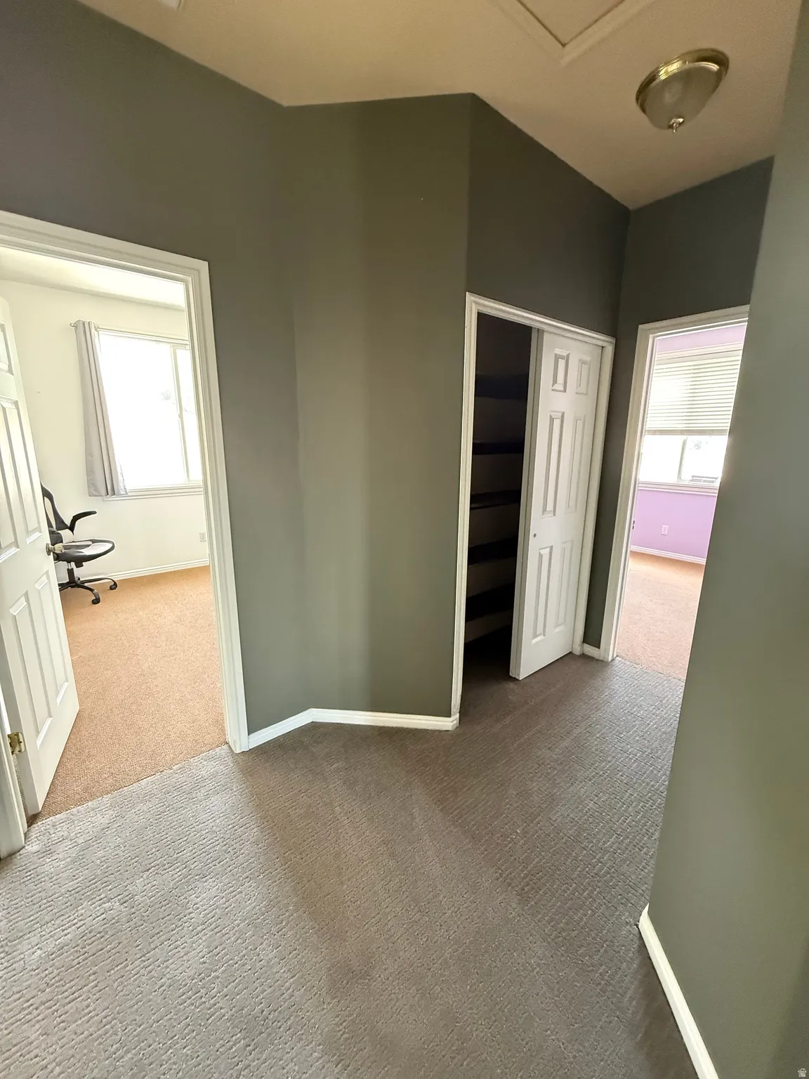 Carpeted hallway with three paneled doors, including a closet with shelving