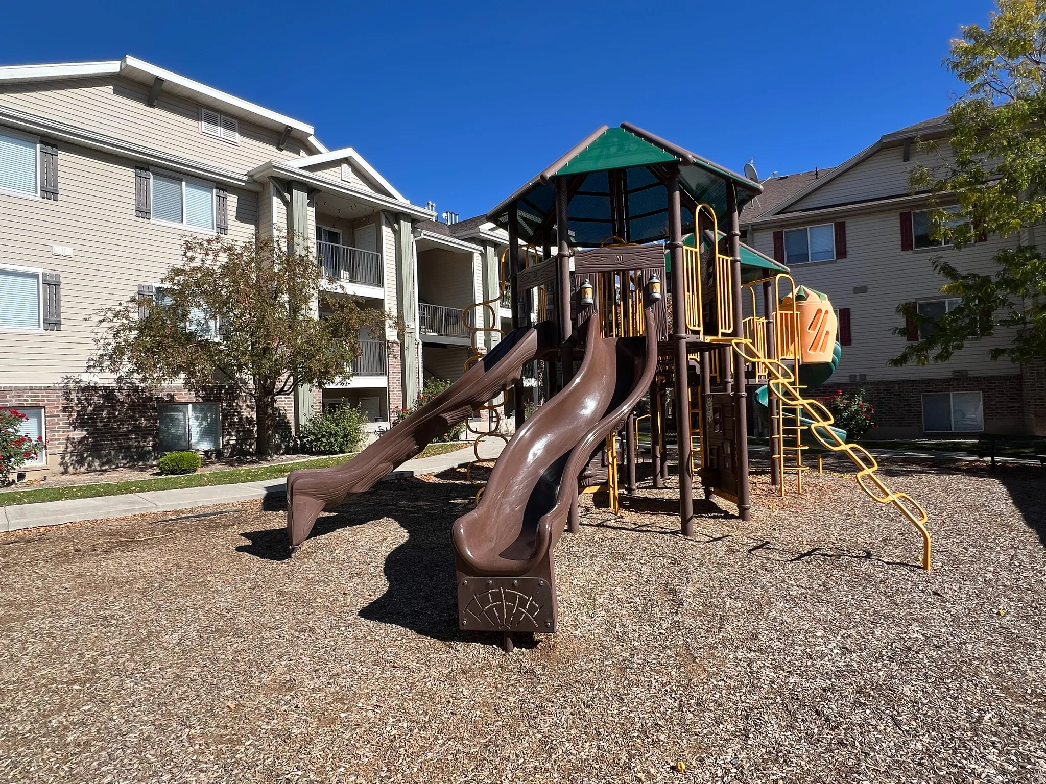 Community playground featuring multiple slides and climbing elements