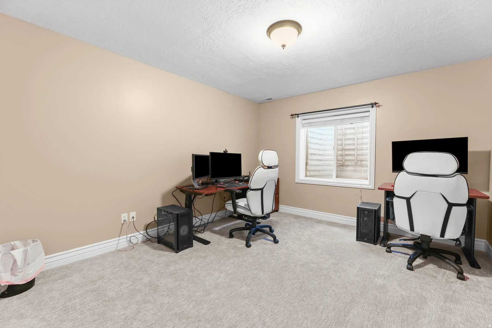 Office area with light colored carpet and a textured ceiling