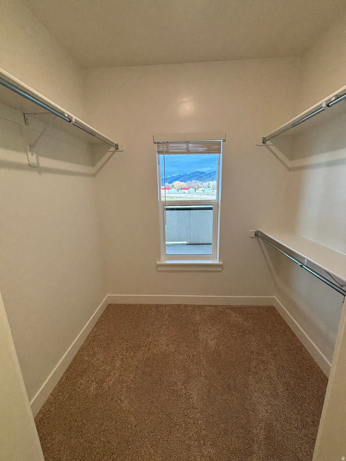 Walk in closet featuring dark colored carpet