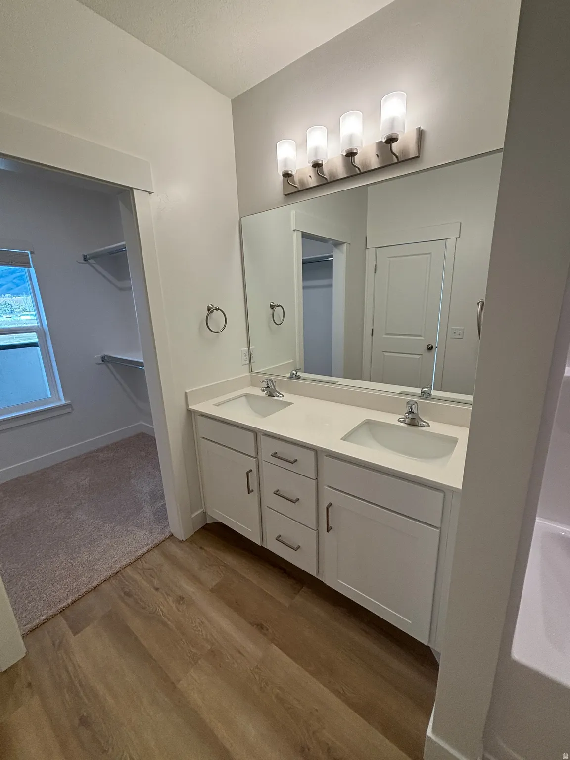 Bathroom with double vanity, light wood-type flooring, and a spacious closet
