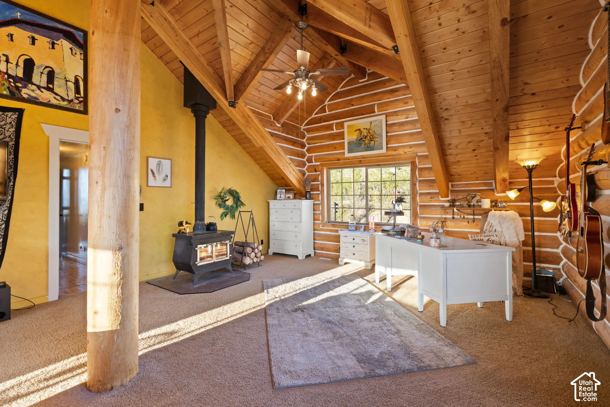LARGE Primary with wood-burning stove, high vaulted ceilings, views and ensuite with separate shower and garden soak-tub