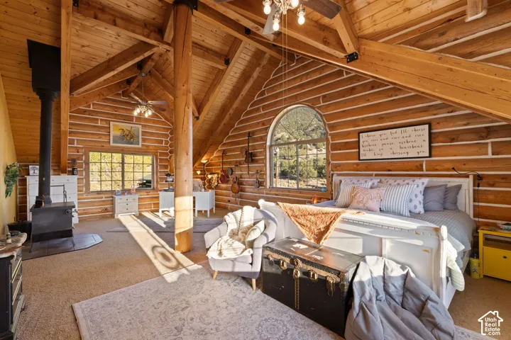 LARGE Primary with wood-burning stove, high vaulted ceilings, views and ensuite with separate shower and garden soak-tub