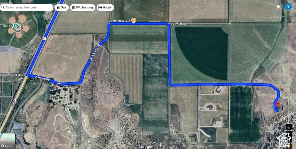 Satellite Map. Displaying a route between N Hwy 89 and property