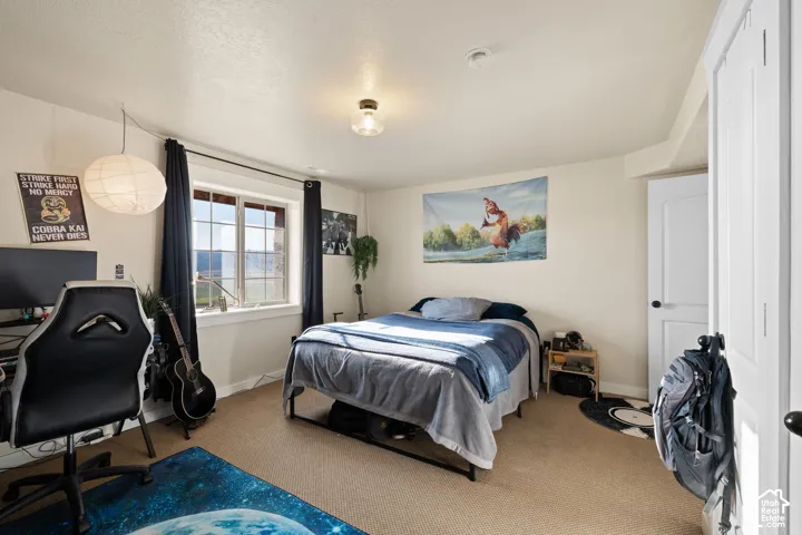Bedroom featuring carpet floors and a desk
