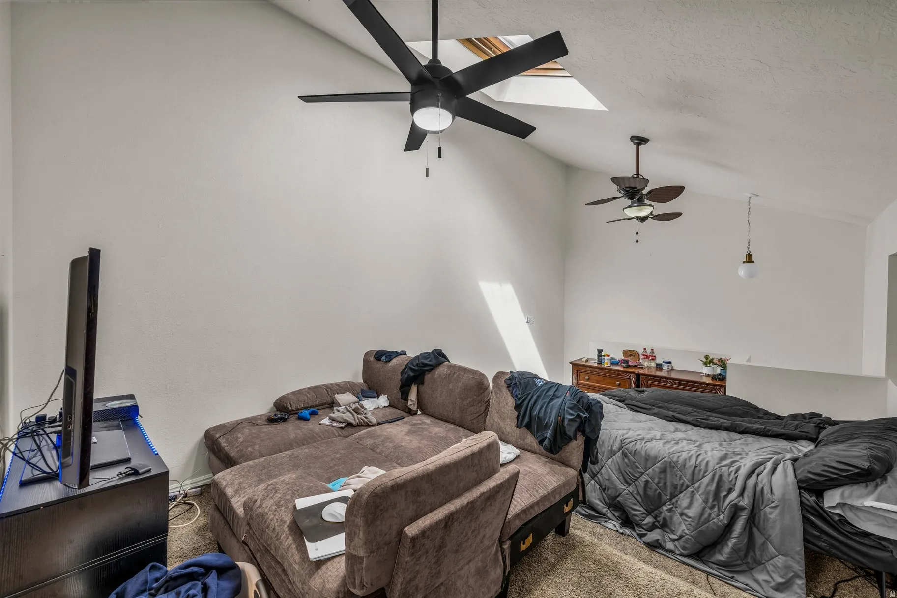 Carpeted bedroom with a skylight and vaulted ceiling