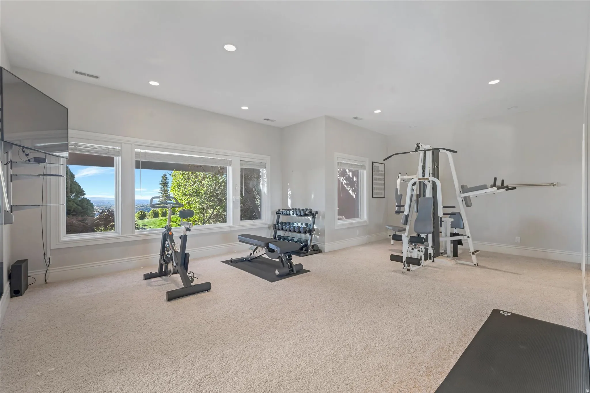 Workout area featuring light colored carpet and recessed lighting