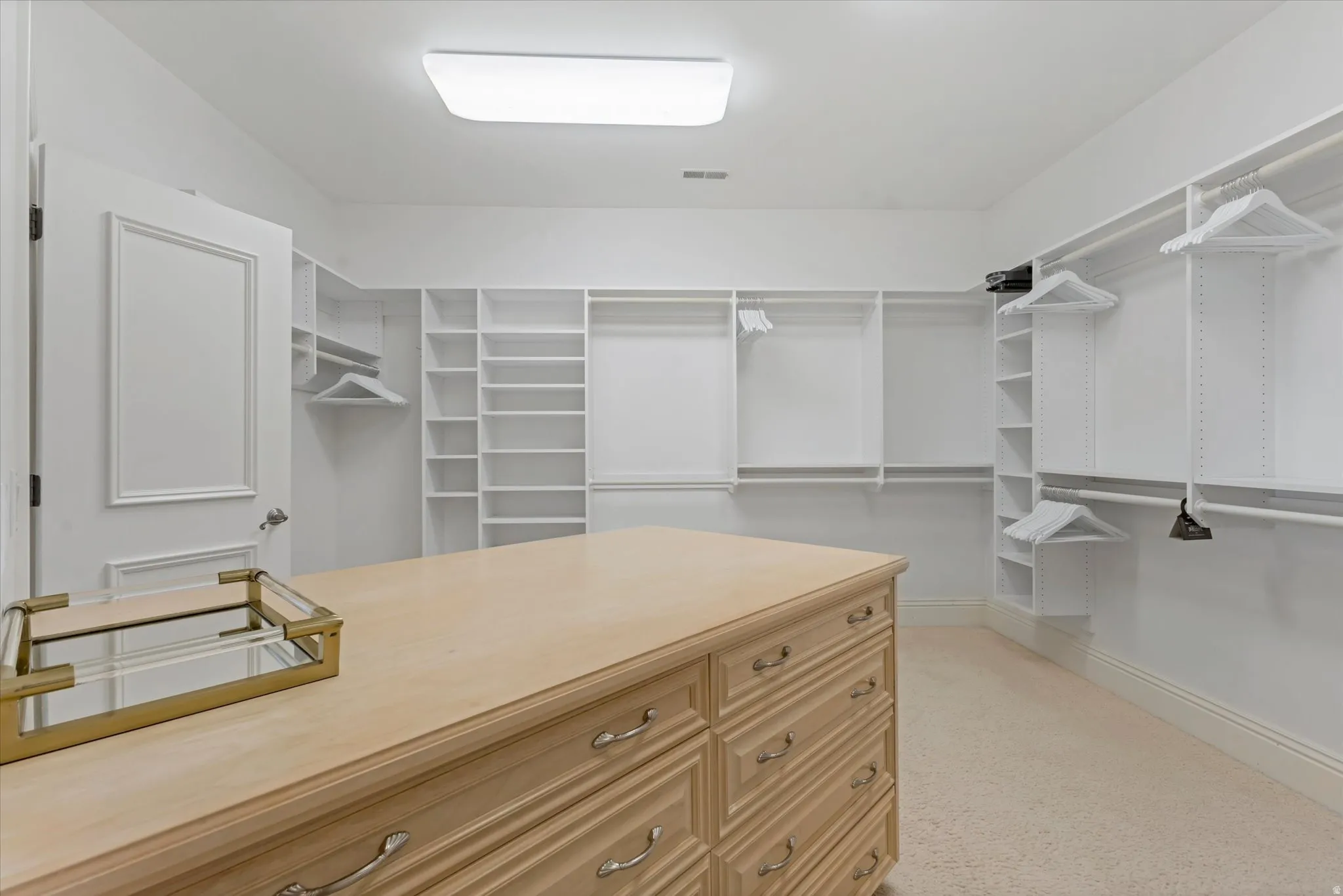 Walk in closet featuring light carpet