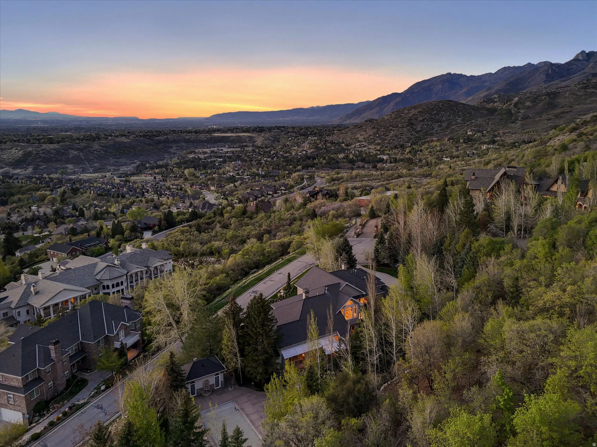 Aerial view at dusk of a mountain view