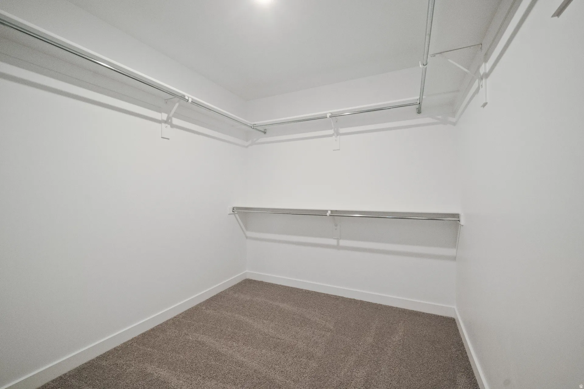 Primary walk-in closet featuring dark colored carpet