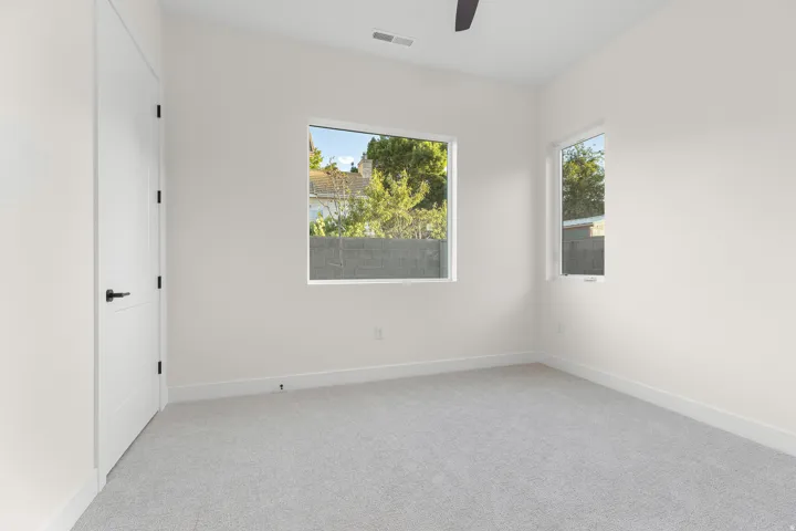 Unfurnished room featuring light colored carpet, healthy amount of natural light, and a ceiling fan