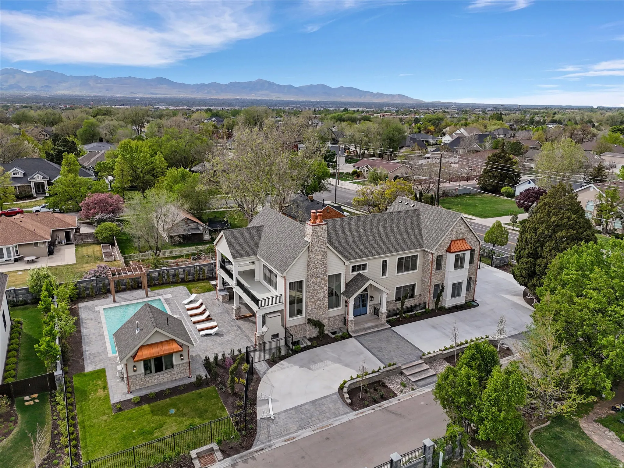 Aerial perspective of suburban area featuring mountains