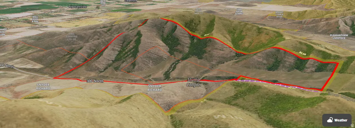 Aerial overview of property's location with property boundaries highlighted
