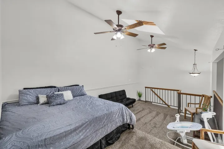 Carpeted bedroom with a skylight and vaulted ceiling