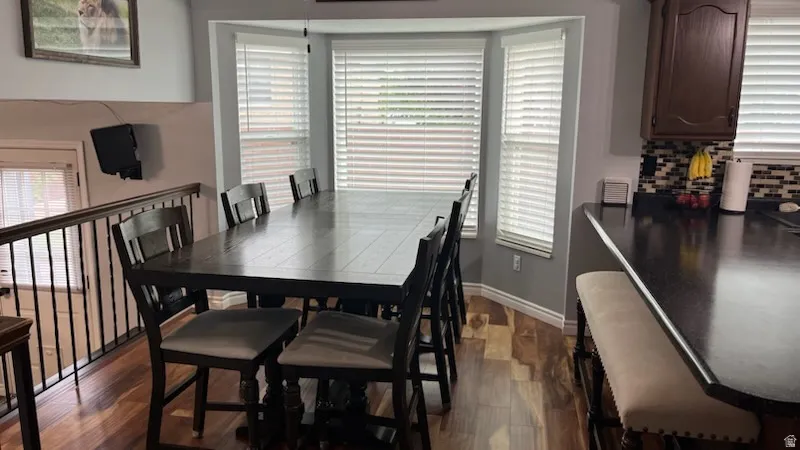 Dining space with dark wood-style floors and plenty of natural light