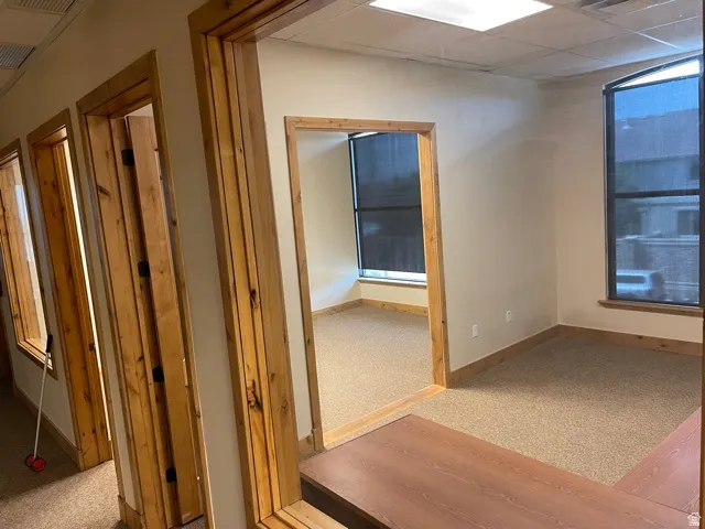 Corridor with light colored carpet and a paneled ceiling