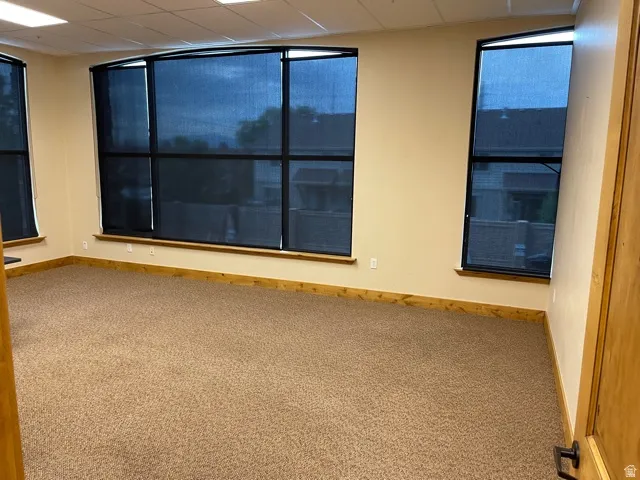 Empty room featuring carpet and a paneled ceiling