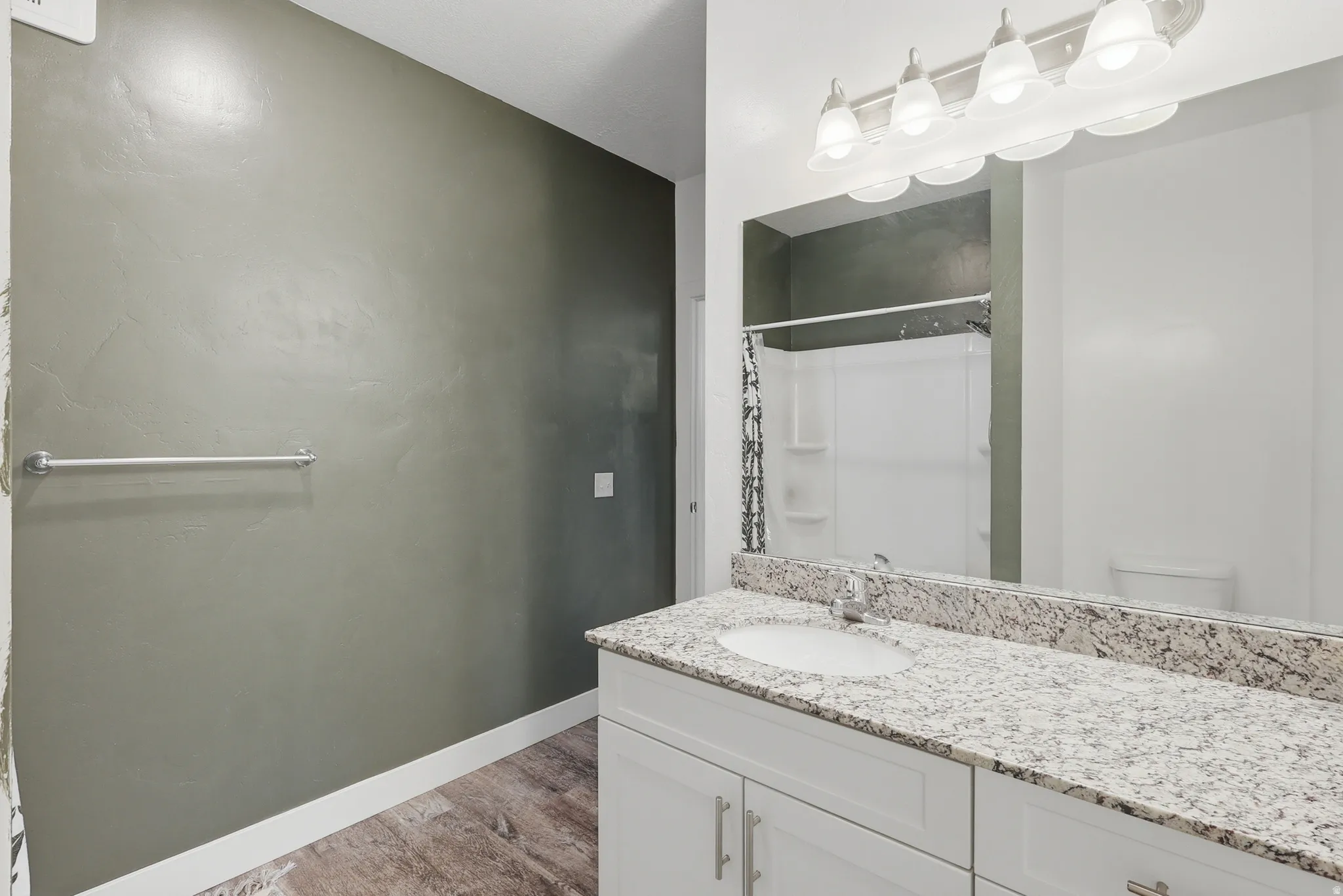 Bathroom featuring vanity, light wood-style flooring, and curtained shower