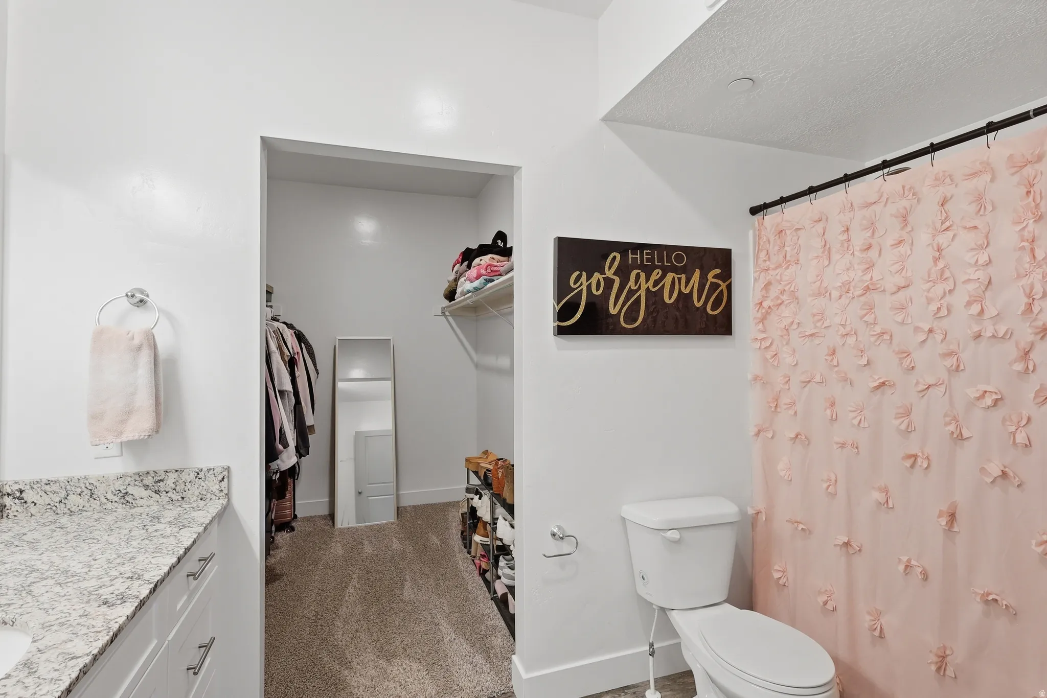 Full bathroom featuring vanity, curtained shower, a spacious closet, and dark carpet