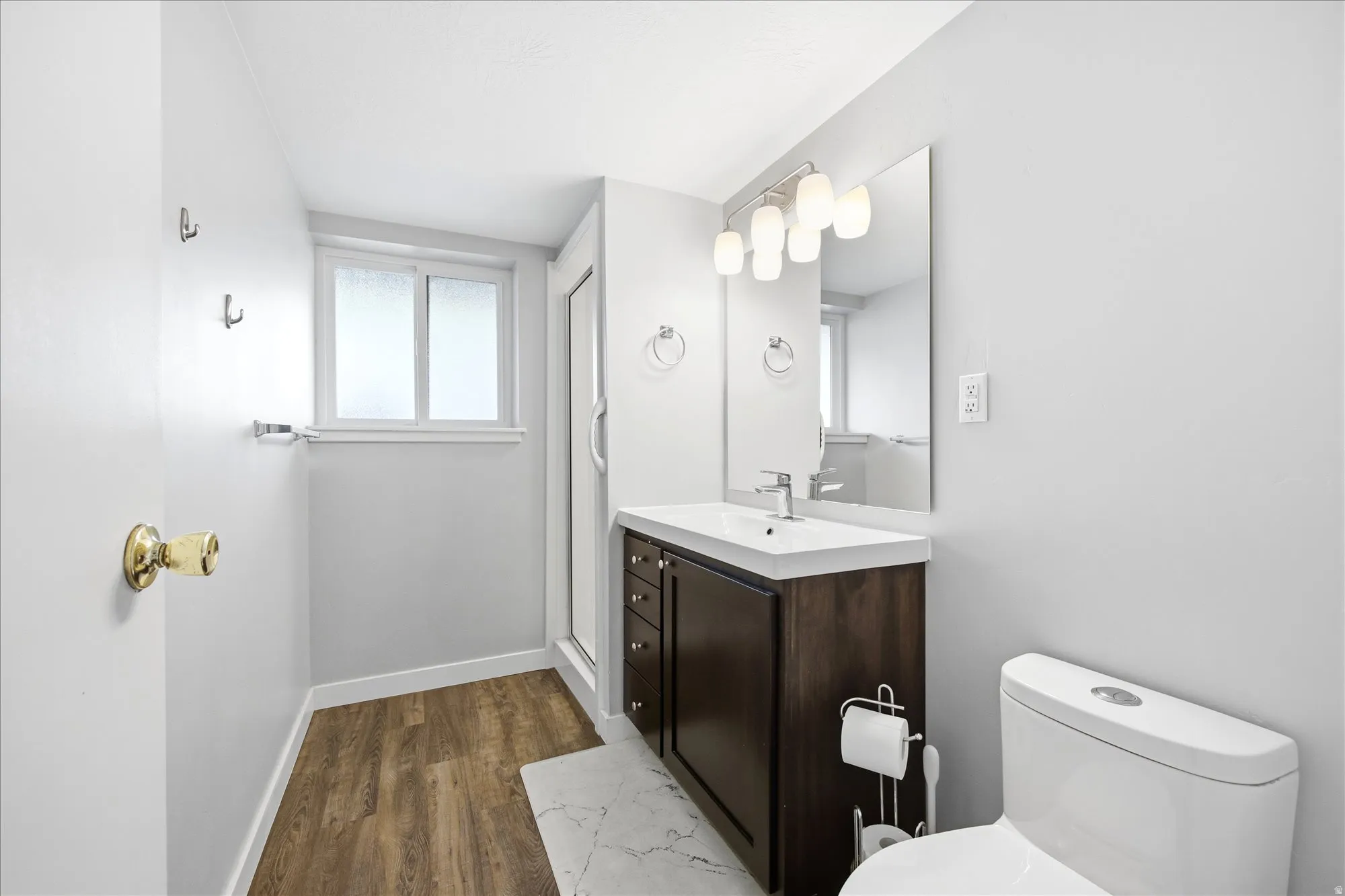 Bathroom featuring dark wood-type flooring, vanity, and a shower stall
