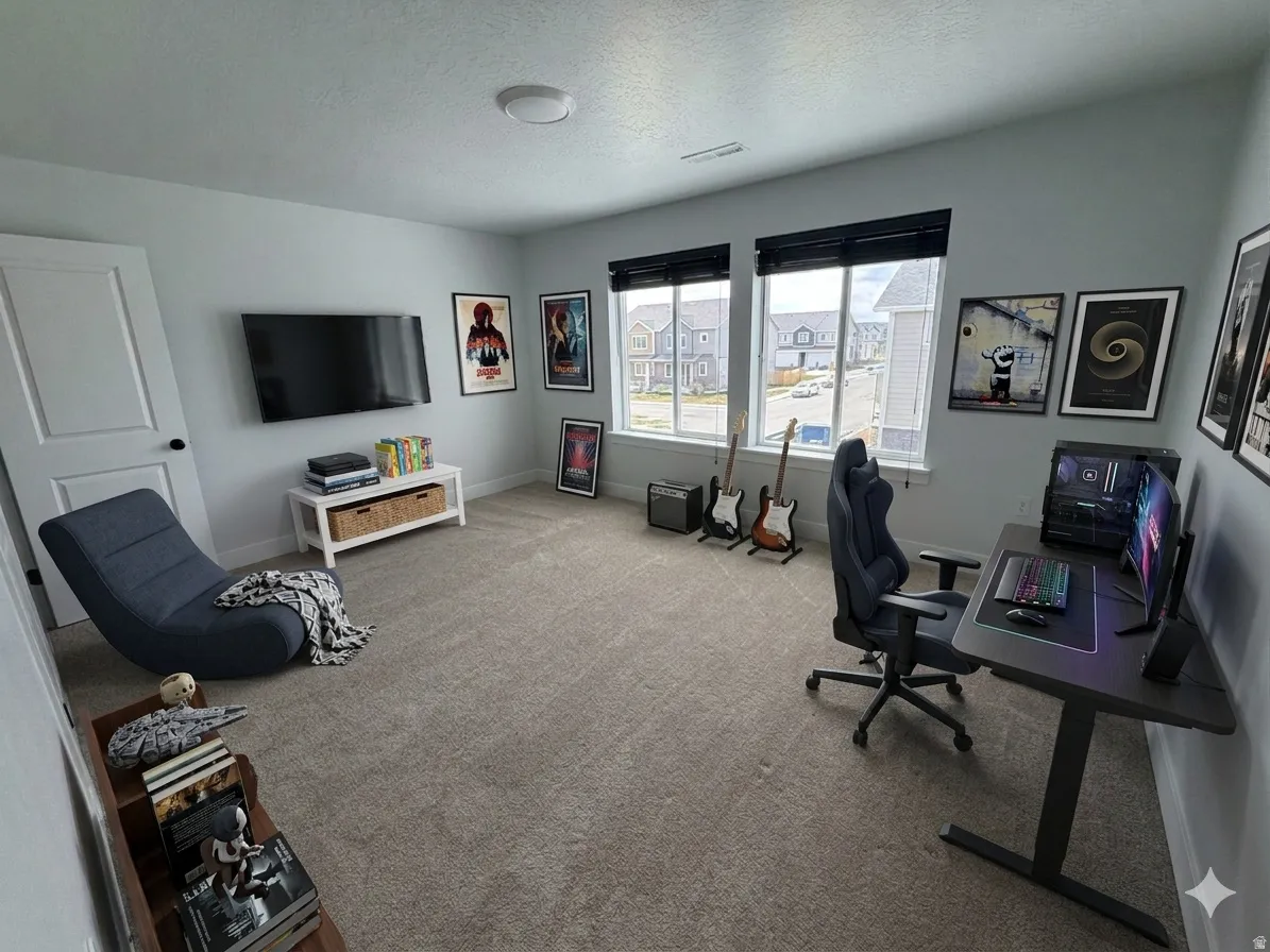 Carpeted office space with a textured ceiling and baseboards