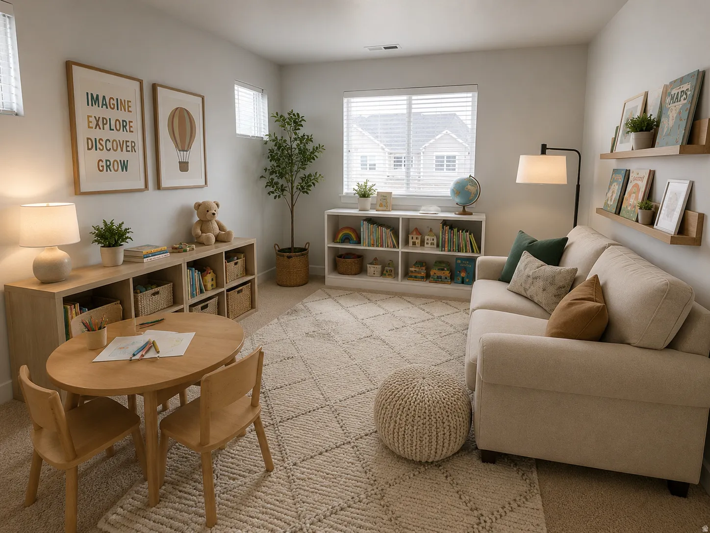 Bright room with multiple windows and built-in shelving units