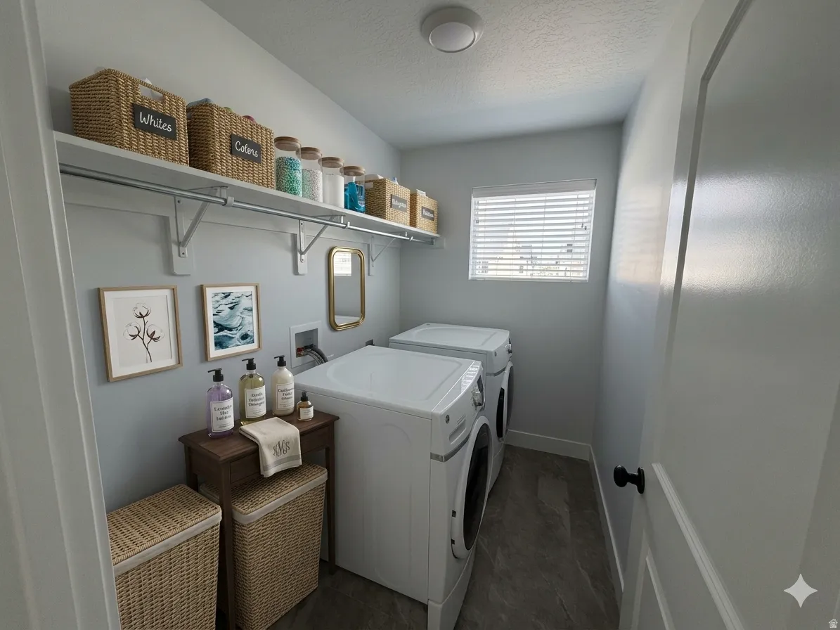 Laundry room featuring separate washer and dryer and a textured ceiling