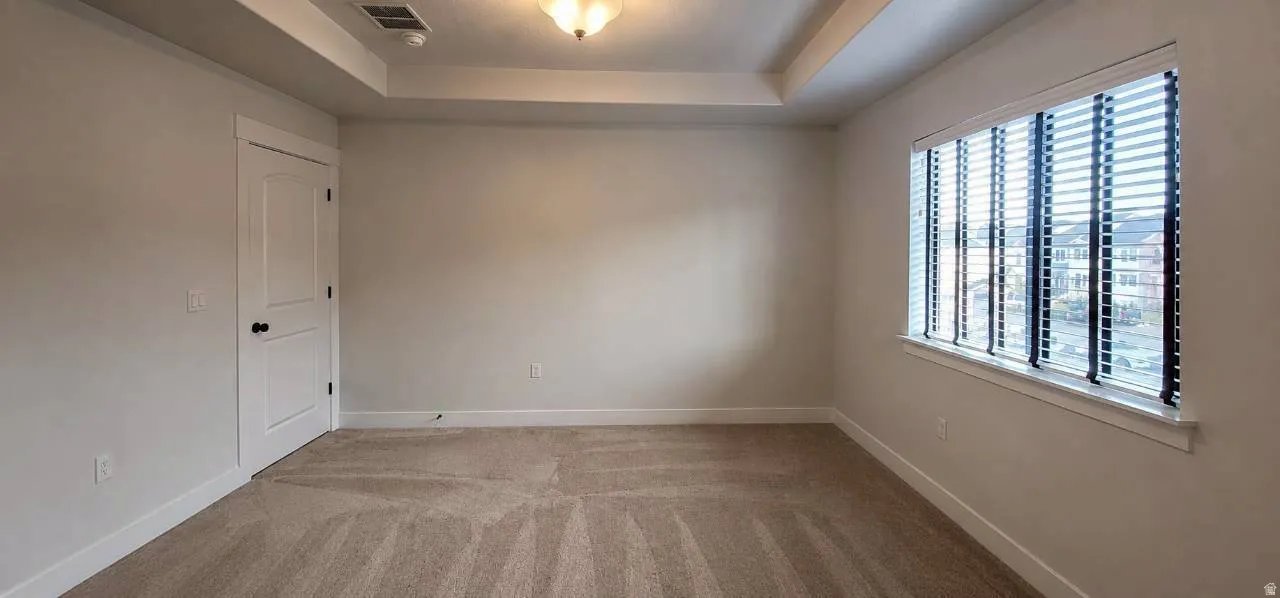 Neutral tone wall finish with a tray ceiling and flush mount lighting