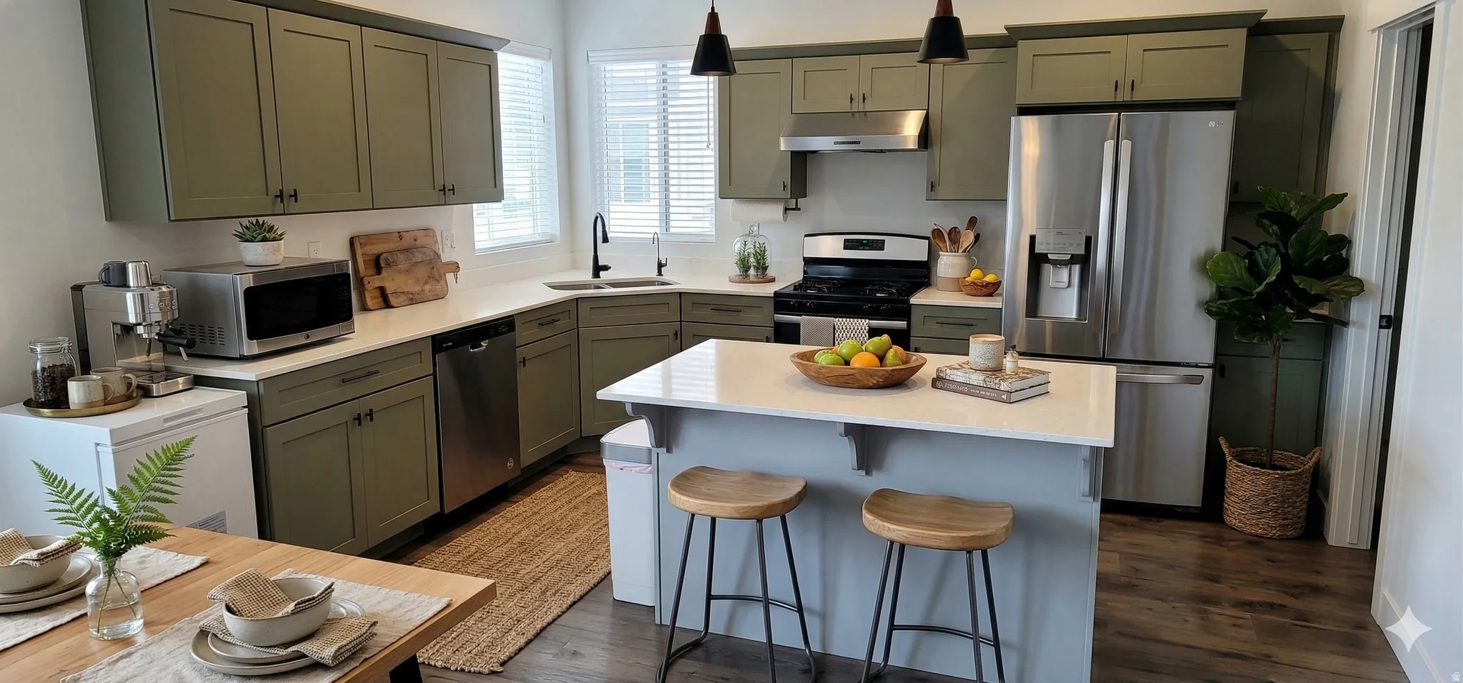 Kitchen featuring stainless steel appliances, pendant lighting, a kitchen breakfast bar, dark wood finished floors, and a kitchen island