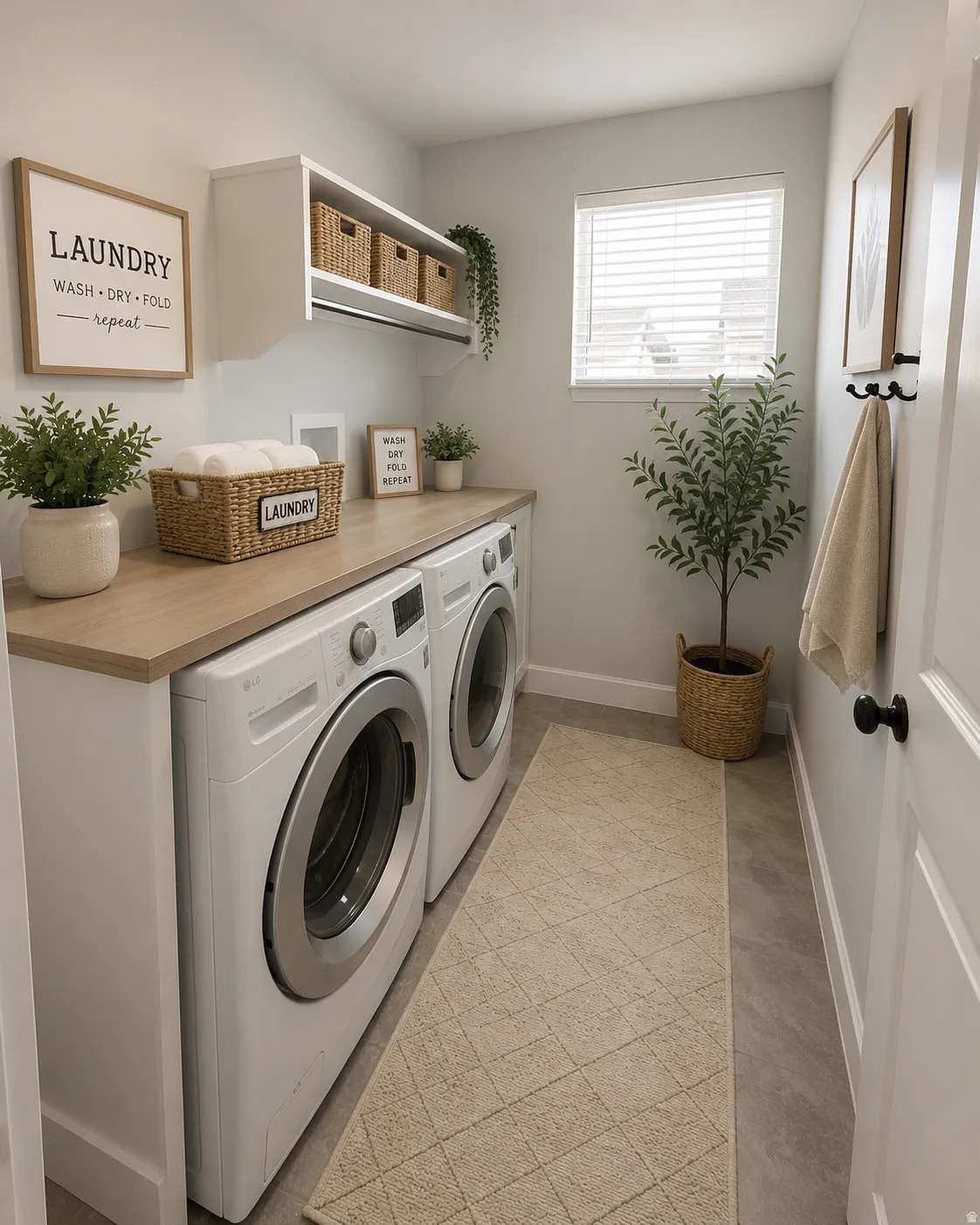 Dedicated laundry room featuring a wood-finish countertop, white cabinetry with integrated shelving, and a window with blinds