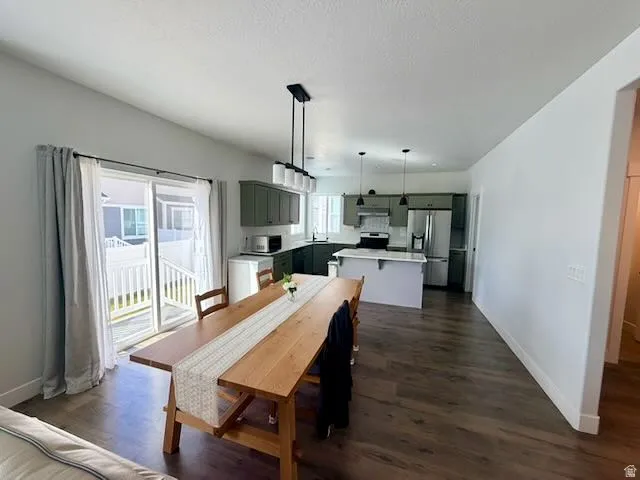 Dining room featuring baseboards and dark wood-style flooring