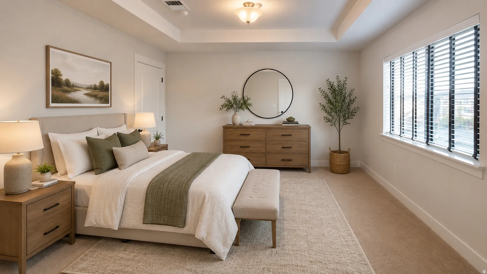 Bedroom featuring a tray ceiling, recessed lighting, and a large window with horizontal blinds