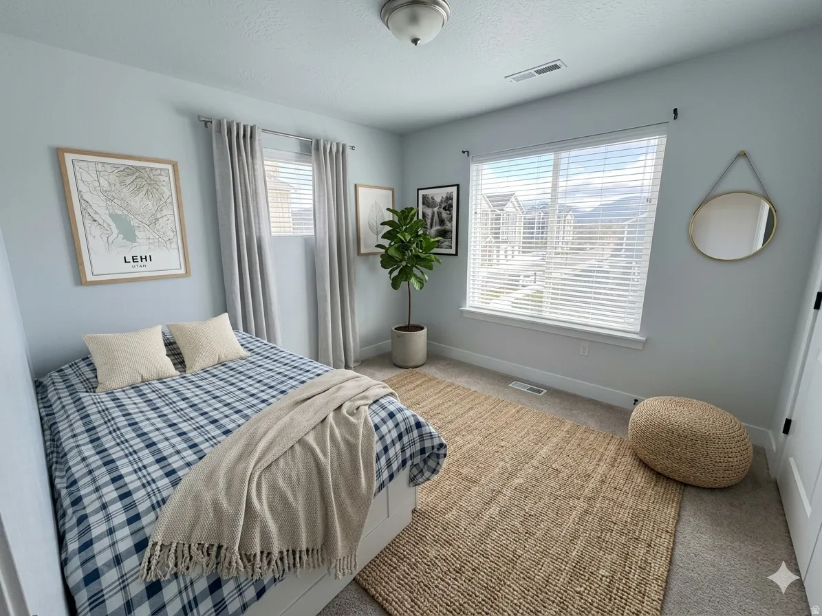 Bedroom featuring carpet and a textured ceiling