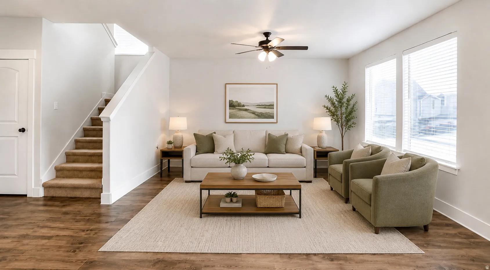 Living area featuring wood-finish flooring, a ceiling fan with integrated lighting, and multiple windows with blinds