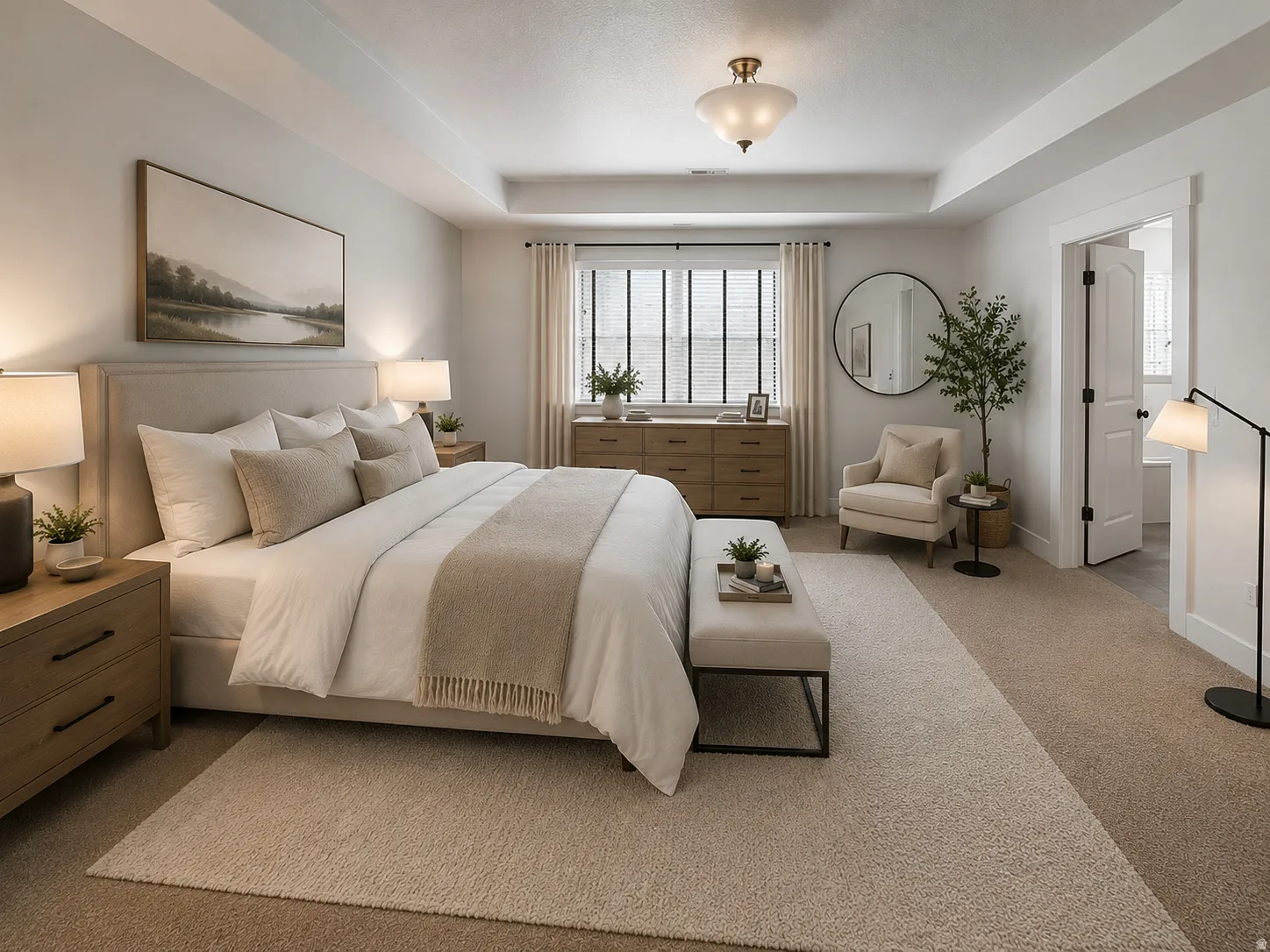 Spacious bedroom featuring neutral carpeting and a tray ceiling