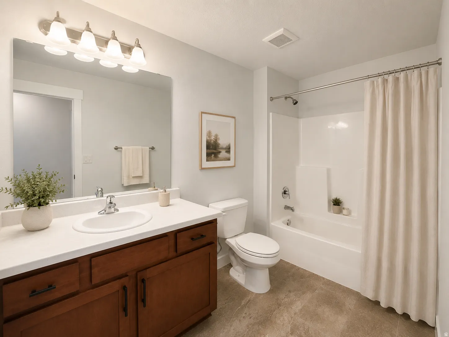 Full bathroom featuring a single vanity with wood-finish cabinetry, a white countertop, and a large wall-mounted mirror