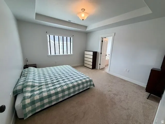 Bedroom with a tray ceiling and light colored carpet