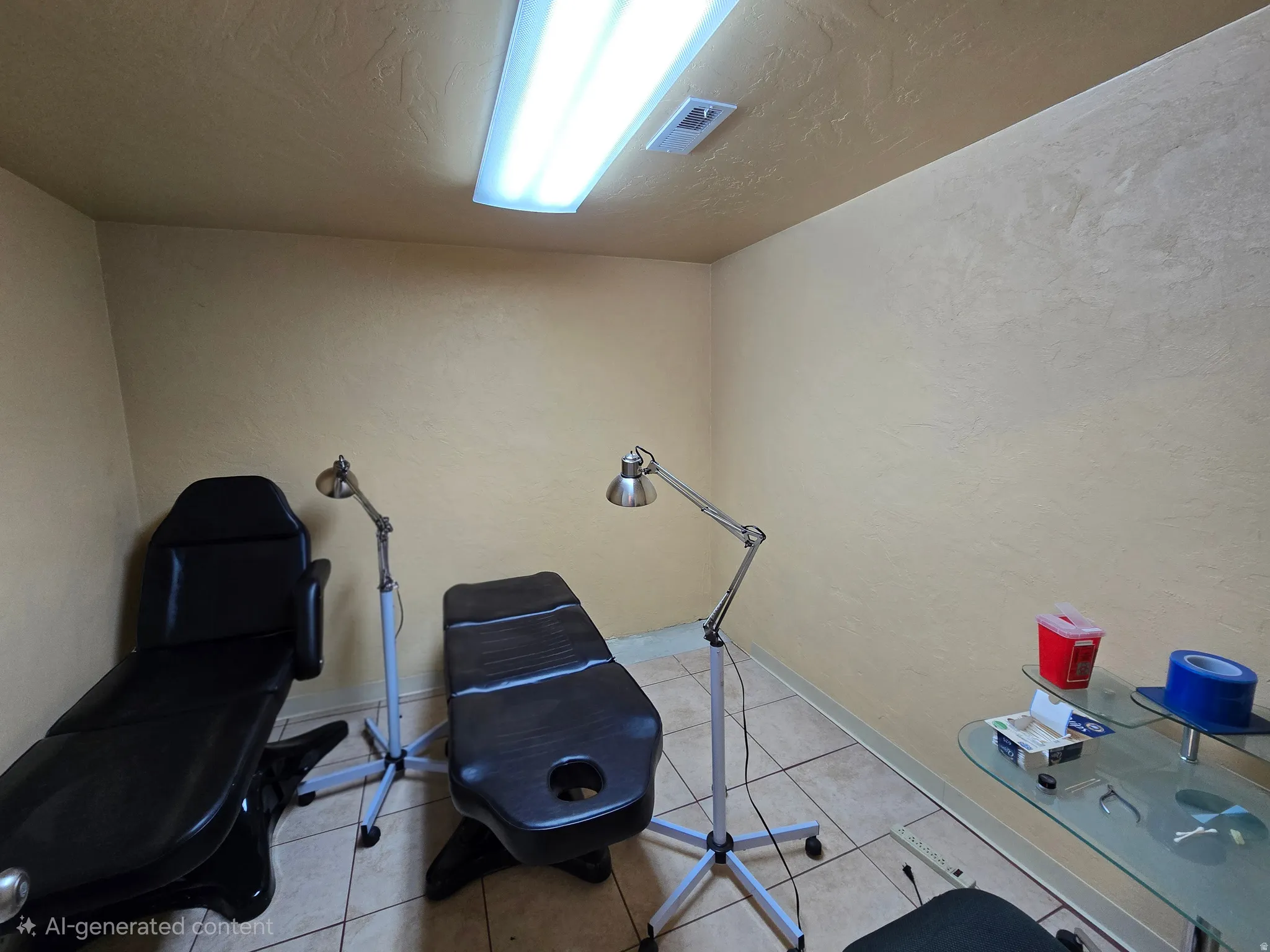 Miscellaneous room with a textured wall and light tile patterned floors