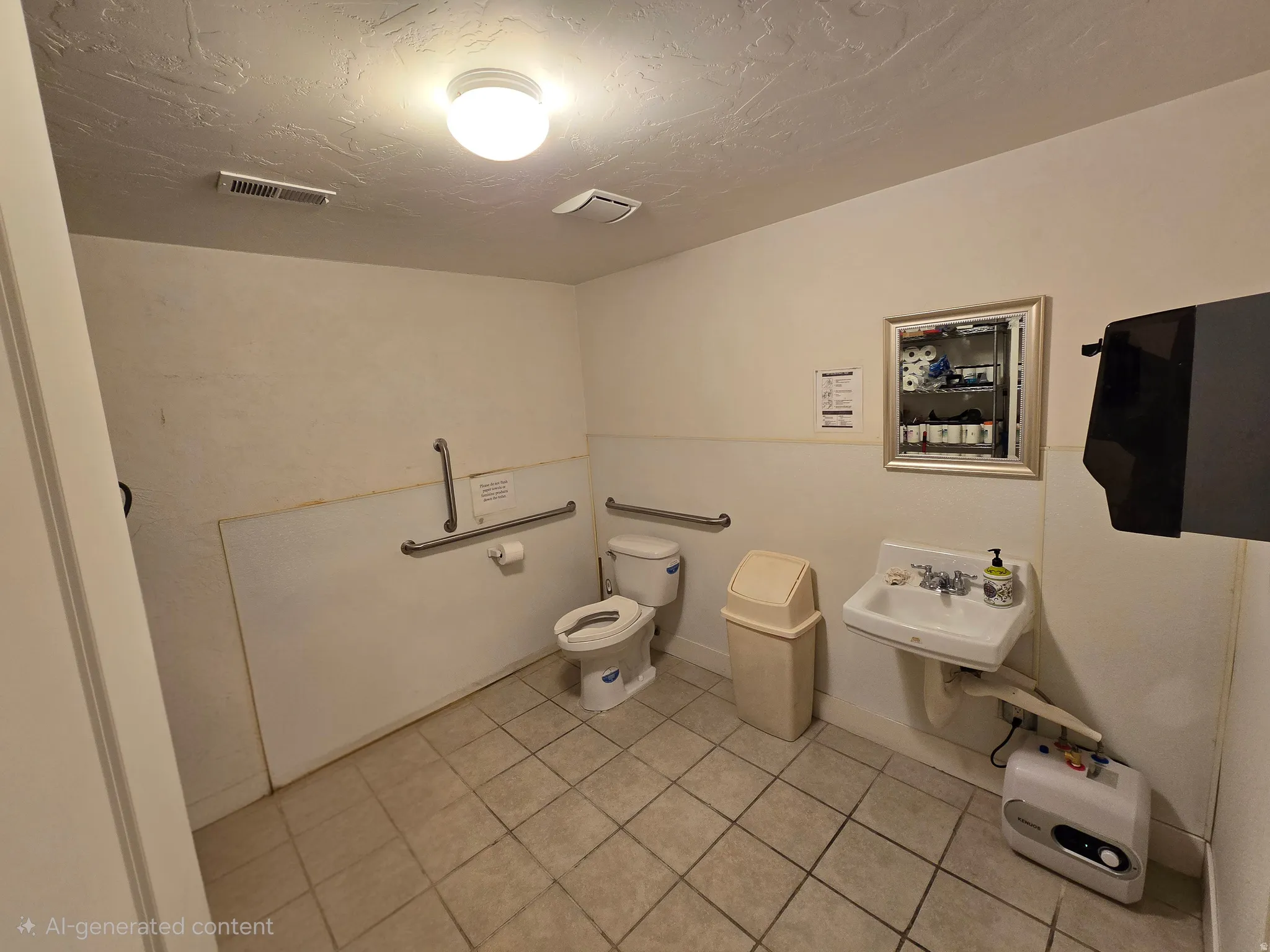 Bathroom with light tile patterned floors and a textured ceiling